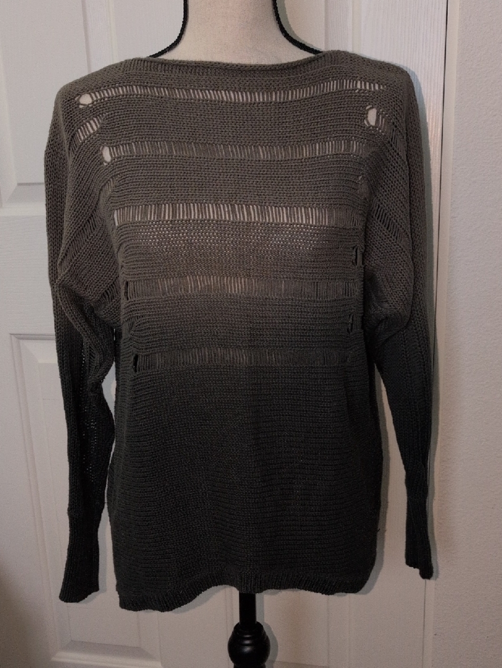 Women's Distressed Open-Knit Sweater - Green